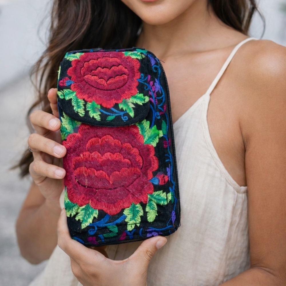 Floral Embroidered Wallet - Red and Green